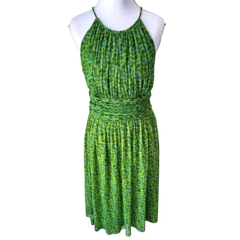 London Times Halter Ruched Green Dress Abstract Print Open Back Size 14